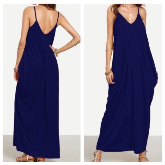 NAVY BLUE LOOSE FIT SIDE POCKETS TANK MAXI DRESS - Picture 2 of 11